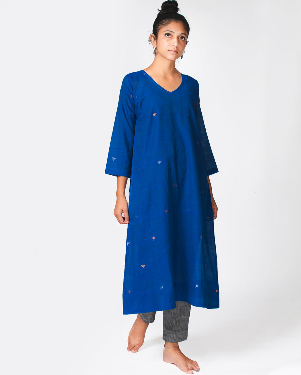 Handloom Cotton Jamdani Kalidar Kurta with Zari Buta - Blue